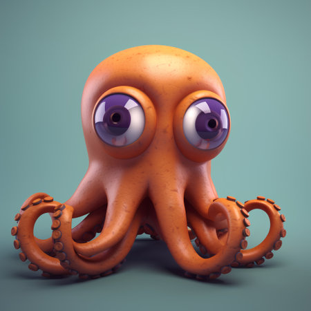 Octopus with big eyes. 3d render illustration on blue backgroundの素材