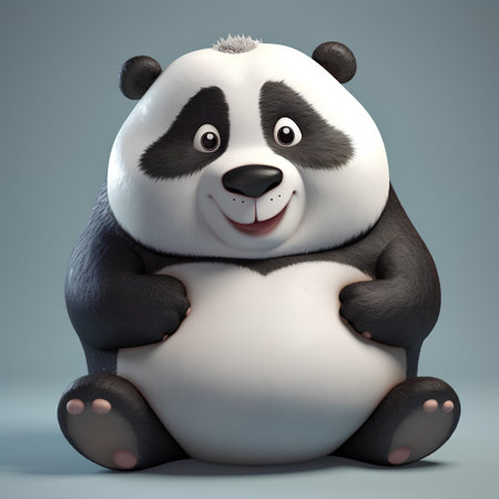 Panda sitting on a gray background. 3D rendering illustration.の素材