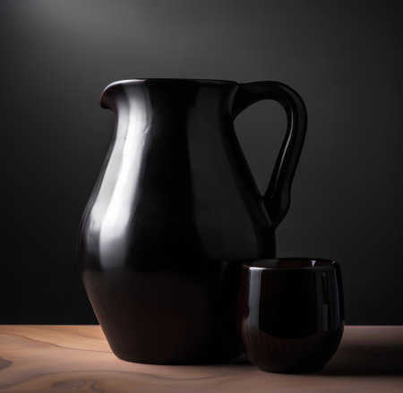 Clay jug and black cup on wooden table. Dark background.の素材