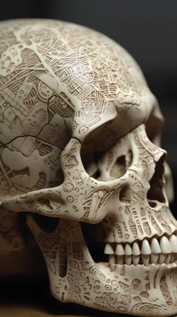Human skull with ornament on the skin, close-up. Halloween conceptの素材