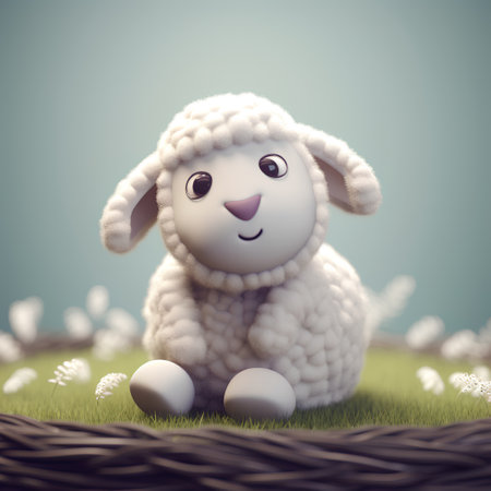 Sheep with Easter eggs on green grass. 3D illustration.の素材