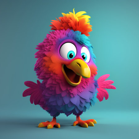 Funny cartoon bird with colorful feathers. 3D rendering illustration.の素材