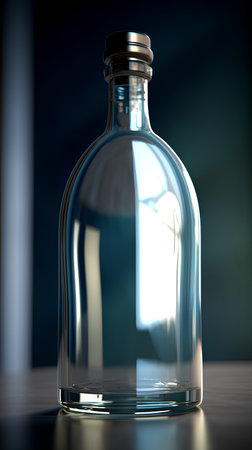 Empty glass bottle on a dark background. 3d render illustration.の素材