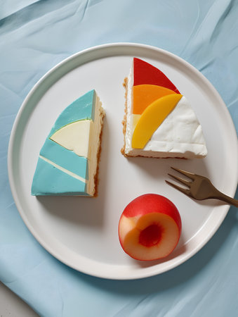 A piece of cake with peach and apricot on a plateの素材