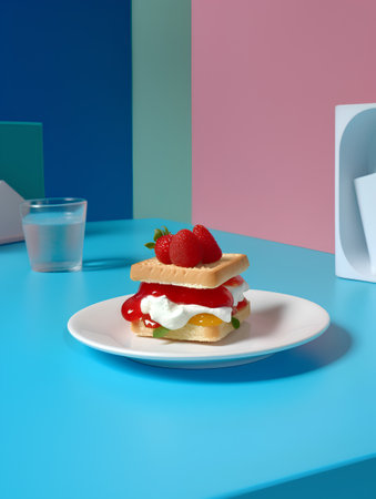 3d illustration of a sandwich with cream cheese and strawberries on a plateの素材