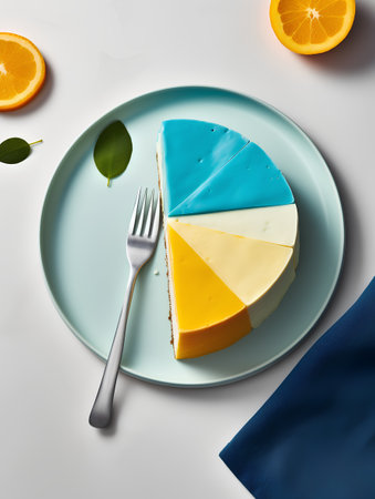 Blue and yellow cheesecake on blue plate with cutlery, top viewの素材