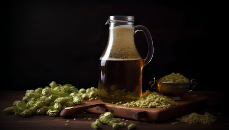 Beer and hop cones on a dark background. Beer brewing concept.の素材