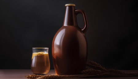 Glass of beer and jug with wheat on dark background. Copy space.の素材