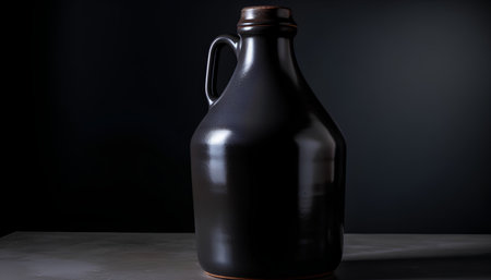 bottle of black wine on a black background, studio shot.の素材