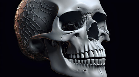 3d render of human skull with bones isolated on black background.の素材