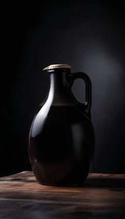 Vintage clay jug on wooden table. Dark background. Copy space.の素材