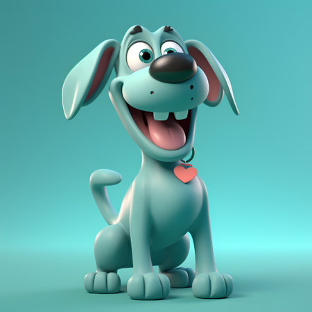 Cartoon funny dog with heart on blue background. 3D renderingの素材