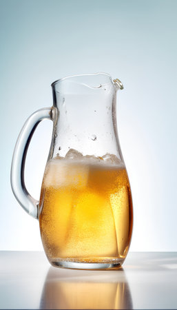 Pitcher of beer on a blue background. 3d rendering.の素材