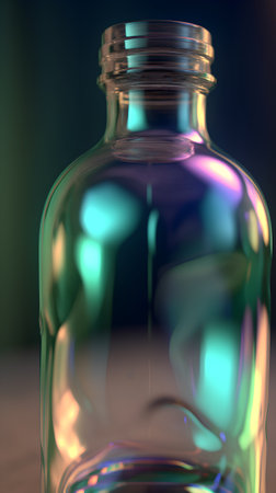 3d render of empty bottle on wooden table with blurred background.の素材
