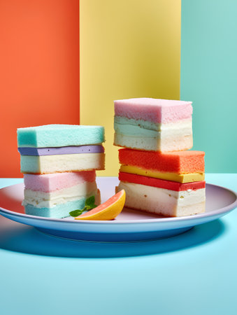 Colorful cakes on a plate on a colorful background. 3d renderingの素材