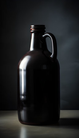 Empty glass jug on a wooden table. Dark background. Copy space.の素材