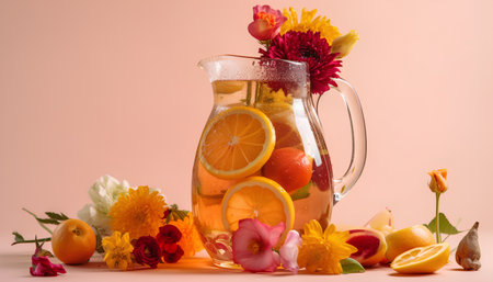 A jug of lemonade with citrus and flowers on a pink backgroundの素材