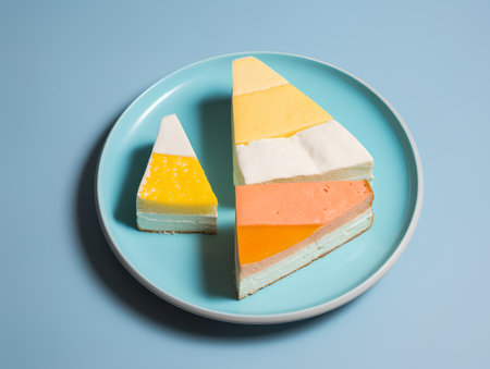 Three pieces of cake on blue plate on blue background, top viewの素材