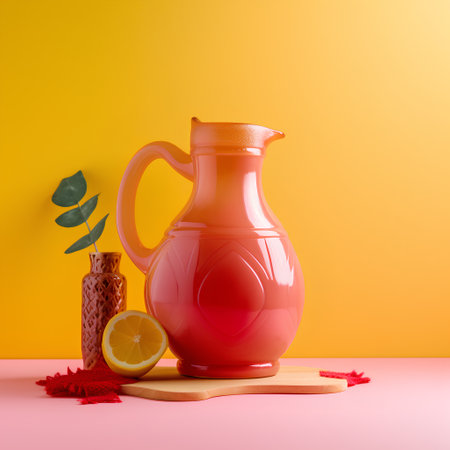 Jug of fresh lemonade on yellow background. 3d renderingの素材
