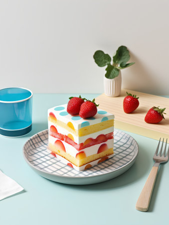Strawberry cake on a blue and yellow background with a cup of coffeeの素材
