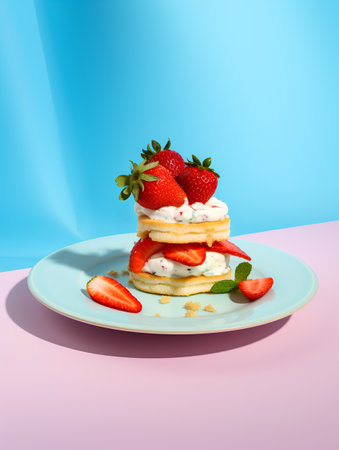 Pancakes with strawberries and whipped cream on a blue plate on a pastel backgroundの素材