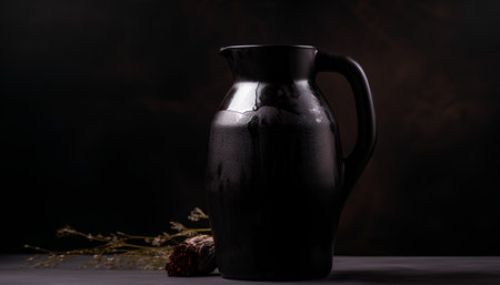 Black glass jug with a straw on a dark background. Still life.の素材