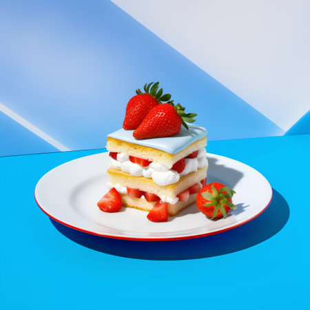 Strawberry cake with whipped cream and fresh strawberries on white plate on blue backgroundの素材