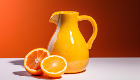 Orange juice in a jug on a white table and orange on a orange backgroundの素材