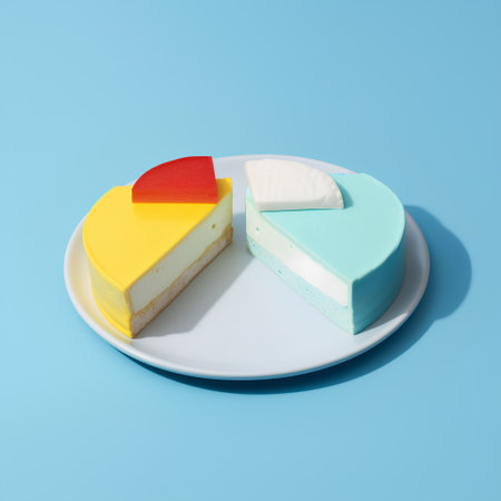 3d rendering of a slice of cake on a plate on a blue backgroundの素材