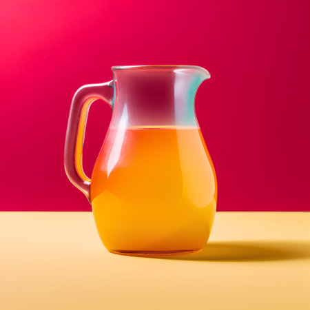 Orange juice in a jug on a yellow-red background. Side view.の素材
