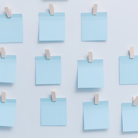 Blue paper notes with clothespins on white background. 3d renderの素材