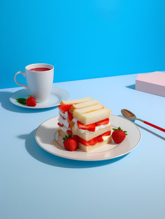 3d illustration of a sandwich with cream cheese, strawberries and a cup of teaの素材
