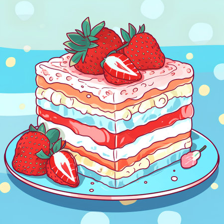 Cake with strawberries on a blue background. Vector illustration in cartoon style.の素材
