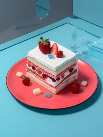Strawberry cake on a plate on a blue background. 3d renderingの素材
