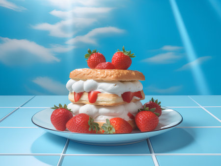 Strawberry cake with whipped cream and fresh strawberries on blue backgroundの素材