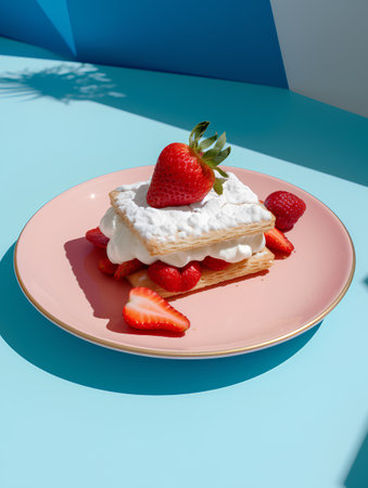 Strawberry and whipped cream on a pink plate on a blue backgroundの素材