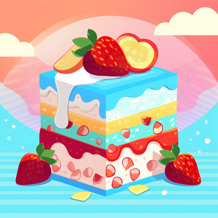 Sweet cake with strawberry and cream. Vector illustration in cartoon style.の素材