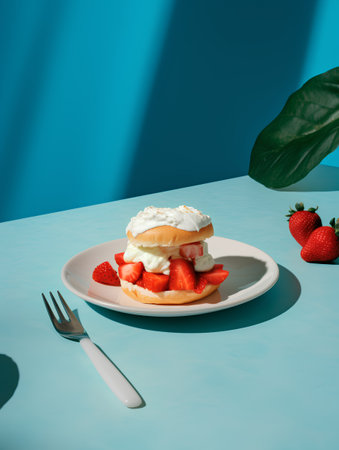 Strawberry cake with whipped cream and fresh strawberries on blue backgroundの素材