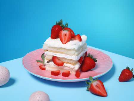 Piece of cake with cream and strawberries on a blue background.の素材
