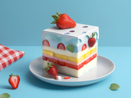3d illustration of a multicolored cake with strawberries on a blue backgroundの素材