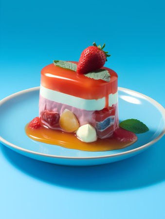 strawberry jelly cake on blue background. 3d illustration.の素材
