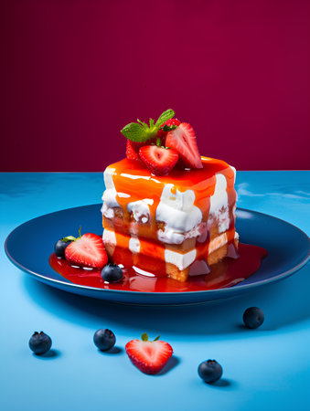 Strawberry cake with whipped cream and fresh berries on blue backgroundの素材