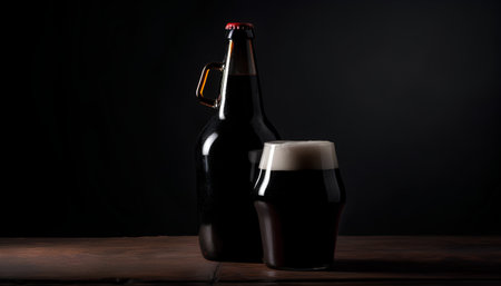 Glass and bottle of dark beer on a wooden table. Dark background.の素材