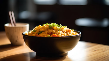Chinese fried rice with vegetables in a bowl on a wooden table.の素材