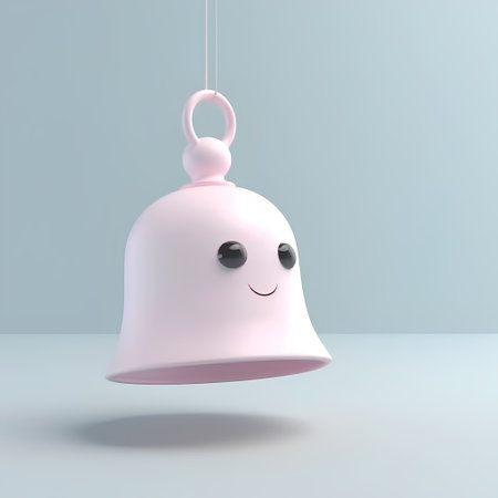 3d rendering of a cute cartoon bell hanging on a rope.の素材