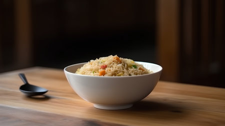 Fried rice in white bowl on wooden table with spoon in backgroundの素材