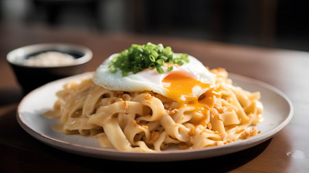 Rice noodles with fried egg and mayonnaise on wood tableの素材
