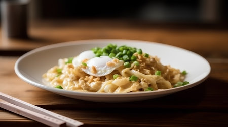 Noodles with egg and green peas on a wooden table.の素材