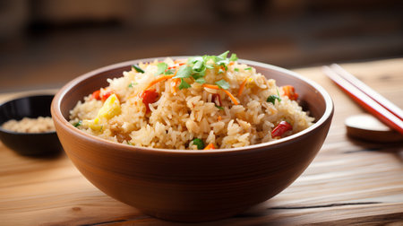 Asian cuisine. Fried rice with vegetables in a bowl on a wooden tableの素材