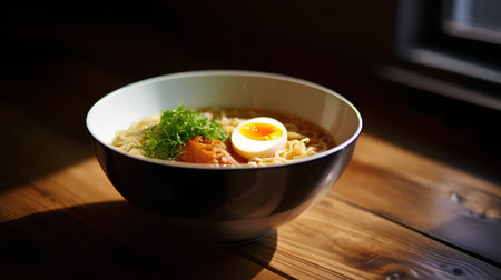 Japanese ramen noodle soup with egg and dill in a bowlの素材